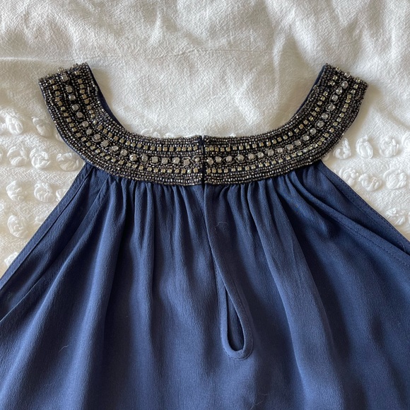 Joie | Embellished Silk Navy Drapey Tank with Beaded, Halter High Neckline โจ - Picture 4 of 9